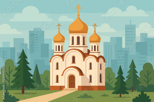 Orthodox Christian Church with Golden Domes, Urban City Skyline, Pine and Fir Trees, Modern Architecture, Religion and Nature, Vector Illustration, Eastern Europe