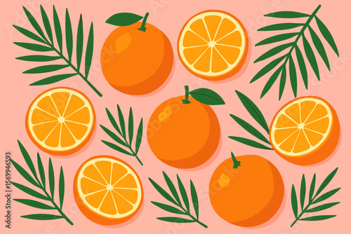 Fresh juicy oranges and orange slices with tropical palm leaves seamless pattern on pink background. Modern flat vector fruit illustration for summer, food, kitchen, textile design.