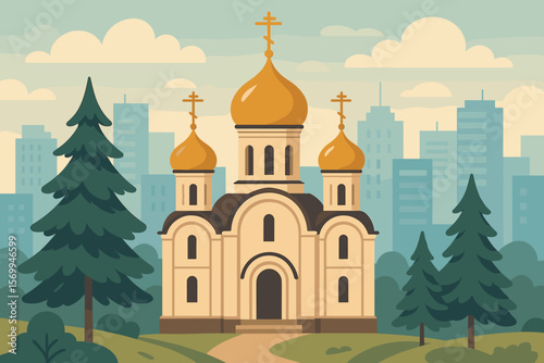 Orthodox Christian Church with Golden Domes Surrounded by Pine and Fir Trees in Modern Urban Landscape, Traditional Eastern Orthodox Architecture Vector Illustration