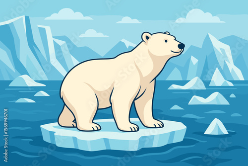 Polar bear on a melting ice floe in the arctic ocean. Cartoon vector illustration of wildlife with glaciers and icebergs. Concept for climate change and global warming.
