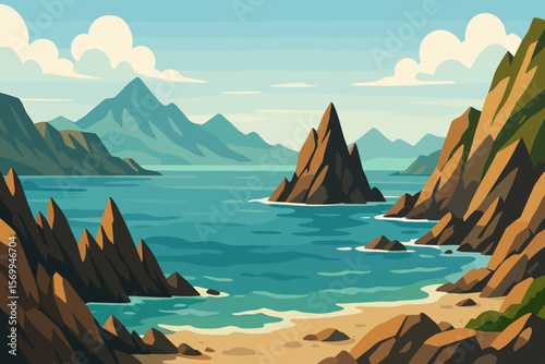 Majestic rocky coastline vector landscape illustration. Dramatic seascape with sharp cliffs, sandy beach, ocean waves, distant mountains, scenic nature, tranquil coastal view