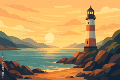 Panoramic rocky seashore landscape with tall lighthouse at sunset, ocean bay, coastal cliffs, mountains, tranquil water, dramatic sky, scenic maritime navigation beacon