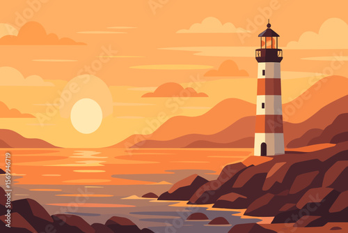 Lighthouse on a rocky seashore at sunset. Panoramic vector landscape of the coast. Beautiful ocean bay with hills and mountains. Seascape illustration concept for travel and navigation.