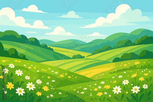 Sunny meadow landscape with rolling green hills, wildflowers, blue sky, fluffy white clouds. Cartoon nature background, spring or summer countryside, scenic rural field illustration
