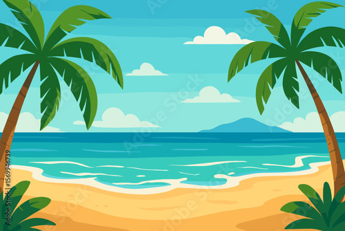 Tropical paradise beach landscape with palm trees, golden sand, turquoise ocean waves, blue sky, fluffy clouds, exotic island coast, summer vacation vector illustration