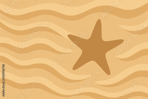 Sand texture background with a starfish silhouette. Coastal beach sand pattern with waves and dunes. Summer vacation concept. Modern flat vector cartoon illustration for travel.