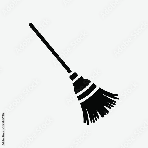 Minimal black silhouette of a broom in profile view. Clean, detailed vector with textured bristles and reinforced brush head. Perfect for icons, prints, or cleaning-themed designs.