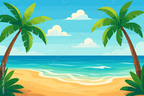 Tropical paradise beach landscape with palm trees, golden sand, turquoise ocean waves, blue sky, white clouds. Summer vacation island, exotic coast, modern flat cartoon vector