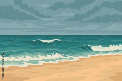 Cloudy tropical beach with sandy shore, rolling ocean waves, stormy sky, restless sea, dramatic seascape, modern flat vector illustration, summer coastal landscape