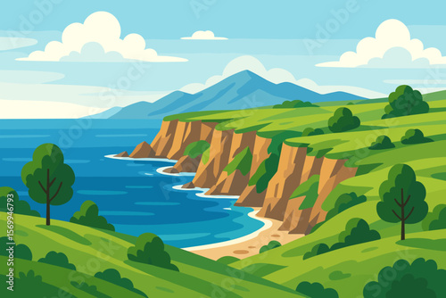 Stunning Seascape of Rocky Coastline with Lush Green Meadows, Trees, Steep Cliffs, Mountain Views, Sandy Beach, Ocean Waves, and Clear Blue Sky, Vector Cartoon Illustration