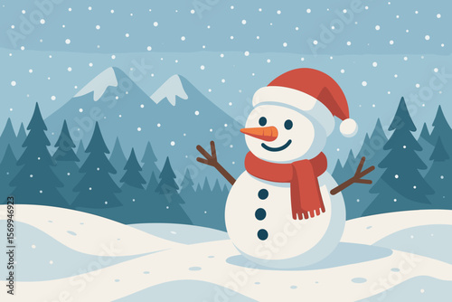 Cheerful snowman with red scarf and Santa hat in snowy winter forest, pine trees, mountains, falling snow, festive holiday landscape, flat vector cartoon illustration