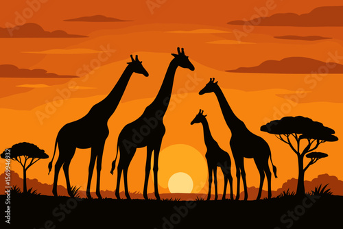 African safari landscape with giraffe family silhouettes at sunset. Wild animals in savanna nature reserve. Africa wildlife background. Flat design vector cartoon illustration.