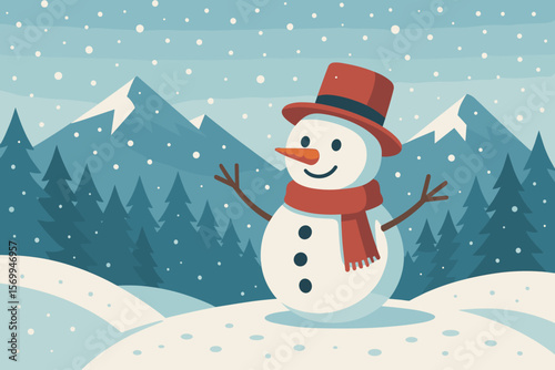 Cheerful snowman with red hat and scarf in snowy winter landscape, pine forest and mountain background, falling snow, festive holiday scene, flat vector cartoon illustration