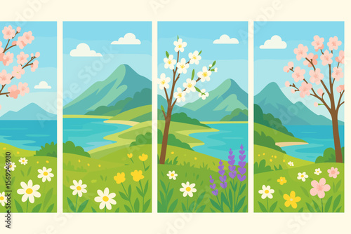 Spring landscape set. Collection of vertical nature banners with blooming cherry blossom, sakura trees, mountains and sea. Beautiful scenic floral meadow vector illustration.