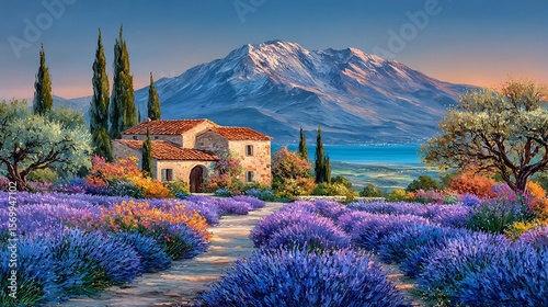 Serene Lavender Fields and Mountain Vista