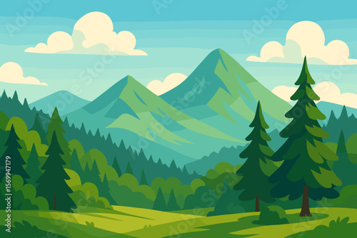 Summer mountain landscape with green forest, sunny blue sky, warm weather, scenic nature view, pine trees, rolling hills, flat vector cartoon illustration