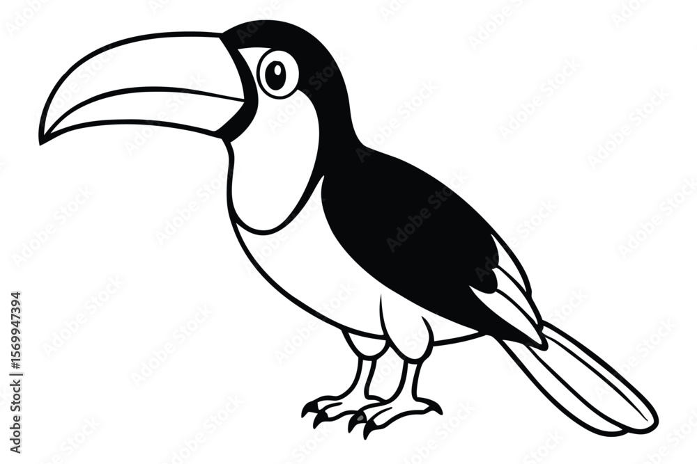 Obraz premium Cartoon Toucan Illustration Black and White Bird with Big Beak and Eye