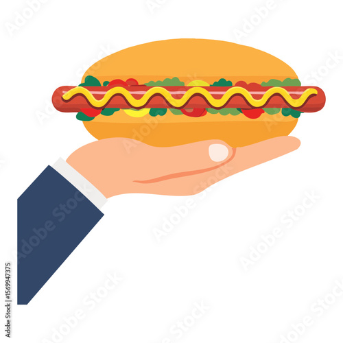 A hand offering a delicious hotdog