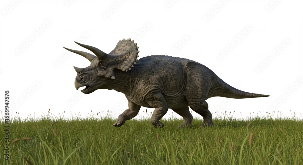 Fototapeta premium Triceratops rennt schnell uber Grasland kraftvolles 3D Modell weiches Licht. AI Generated