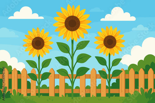Summer landscape with beautiful sunflowers in a garden behind a wooden fence. Cheerful cartoon vector illustration of a rural scene with flowers, grass, blue sky and clouds.