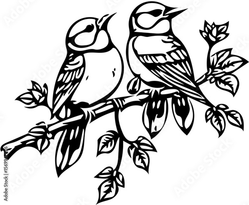 bird on tree branch, black and white vector for sticker decal, tattoo art