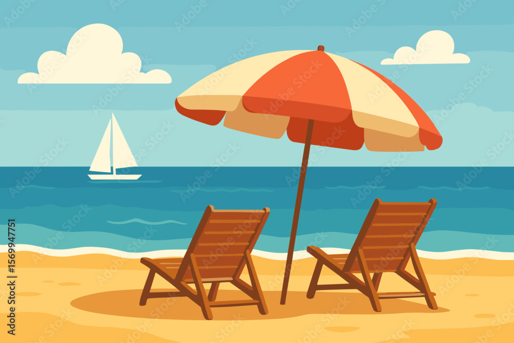 Beach scene with umbrella and chairs. Summer vacation on a tropical island. Seascape with sailing yacht. Sandy coast, ocean waves. Vector cartoon flat illustration for travel. Beach scene with umbrella and chairs. Summer vacation on a tropical island. Seascape with sailing yacht. Sandy coast, ocean waves. Vector cartoon flat illustration for travel.