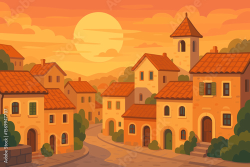 Old European town at sunset vector illustration. Mediterranean village with traditional houses, clay tile roofs, and cozy street. Travel, tourism, and vacation concept.