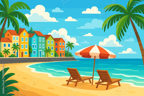 Summer vacation travel background. Tropical beach with palm trees, sun loungers, umbrella. Seaside coastal town with colorful houses. Cartoon vector landscape illustration.