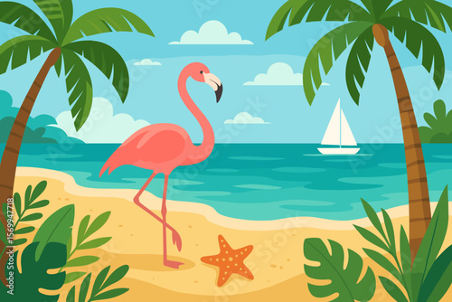 Tropical beach with pink flamingo, palm trees and sailboat. Paradise summer vacation landscape with sea, sandy shore, starfish and tropical leaves. Cartoon vector illustration.