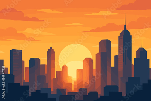 Modern city skyline at sunset or sunrise. Flat vector illustration of urban landscape with building silhouettes and sun. Downtown cityscape background with golden hour light.