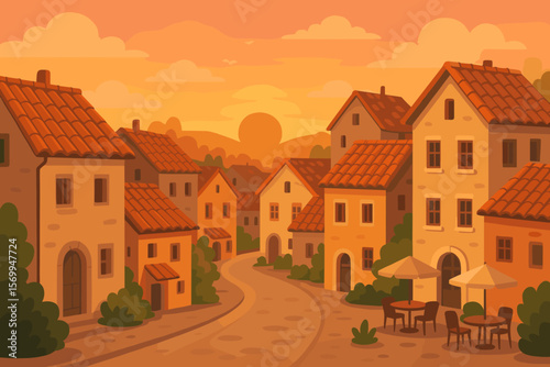 Old European town street with traditional houses and terracotta roofs. Mediterranean village landscape at sunset. Summer vacation travel background. Vector flat illustration.
