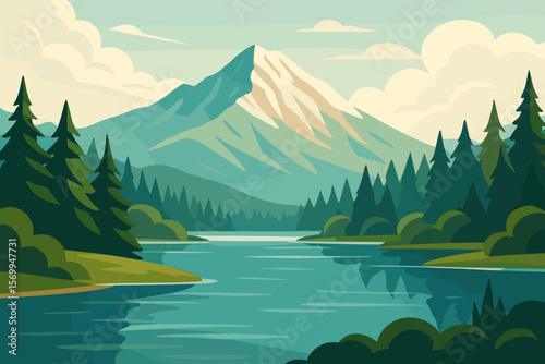 Vector illustration of a scenic mountain lake landscape. Serene nature scenery with pine forest, snow capped peak and calm water. Outdoor adventure, travel concept. Flat cartoon.