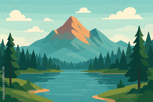 Beautiful mountain landscape with lake and pine forest. Serene nature scenery for travel or adventure concepts. Modern flat design vector cartoon illustration of a tranquil peak.