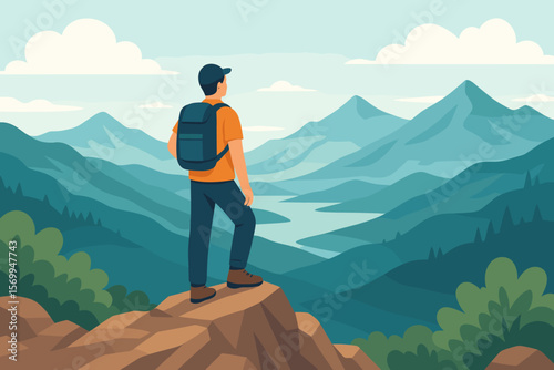 Hiker on mountain summit looking at scenic landscape view. Man with backpack reaching the peak. Concept of adventure, travel, exploration, freedom. Modern flat vector cartoon.