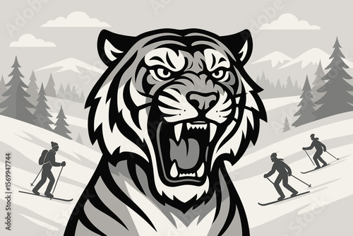 Roaring tiger head mascot in a black and white winter landscape with skiers. Angry tiger face vector illustration for a sports team logo. Modern flat cartoon design concept.