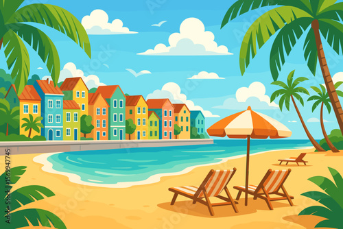 Summer vacation scene at a tropical resort. Sandy beach with palm trees, umbrella, and chairs. Picturesque coastal village with colorful houses on the ocean embankment.