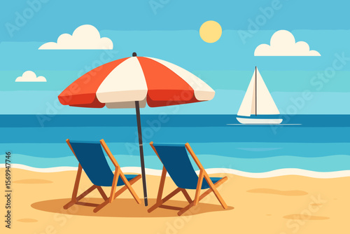 Summer vacation beach scene with umbrella and chairs. Tropical seaside landscape with ocean, sun, and sailing yacht. Relaxing holiday travel concept. Flat vector cartoon illustration.