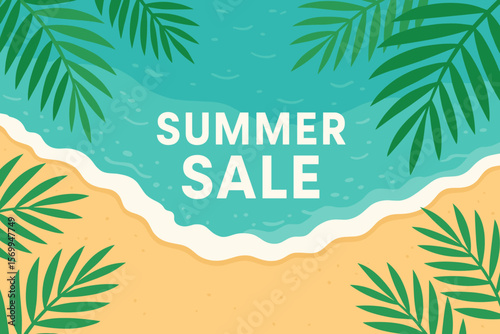 Summer Sale banner design. Tropical island beach concept. Top view of sandy shore with ocean sea waves. Palm leaves frame. Vacation promotion vector illustration background.