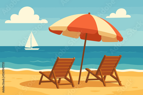 Wallpaper Mural Beach scene with umbrella and chairs. Summer vacation on a tropical island. Seascape with sailing yacht. Sandy coast, ocean waves. Vector cartoon flat illustration for travel. Torontodigital.ca