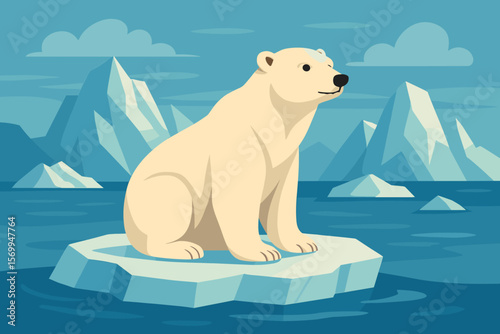 Polar bear floating on a melting ice floe. Arctic landscape background with glaciers. Concept for climate change, global warming, wildlife conservation, endangered species.