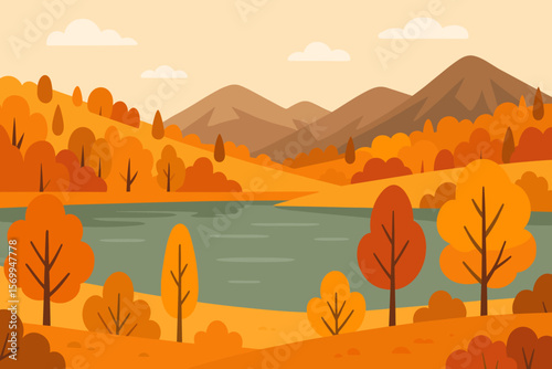 Autumn landscape vector illustration with orange trees, forest on hills, a lake and mountains. Fall season scenery background. Beautiful nature park outdoor view illustration.
