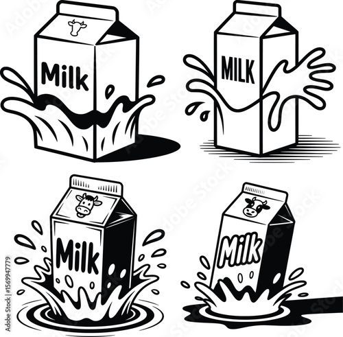 Splashing Milk Carton Vector Set, Black and White Dairy Illustrations.


