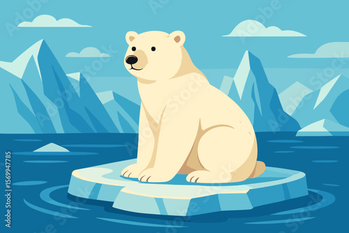 Adorable polar bear on ice floe. Arctic landscape with white bear, glaciers, icebergs. Cute animal vector art. Climate change nature scene.
