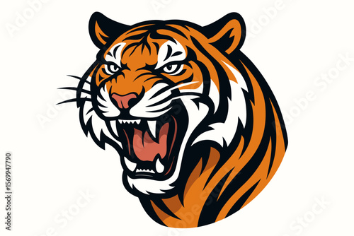 Roaring tiger head logo vector. Aggressive tiger mascot for sport team. Wild cat face growling emblem. Angry predator illustration. Ferocious animal head symbol for gaming.