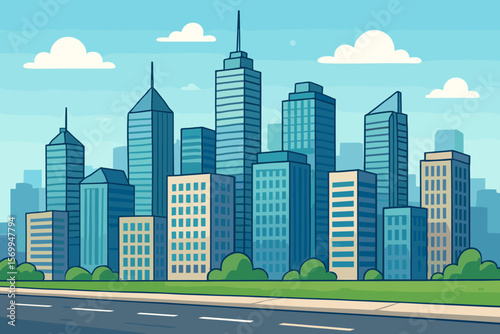 Cityscape cartoon vector illustration. Urban landscape with modern office buildings and skyscrapers. Downtown city street view background. Metropolis architecture in flat design.