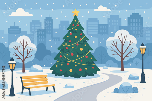 Winter city park with a decorated Christmas tree and bench under the snow. Urban landscape with buildings in the background. Festive holiday season vector flat cartoon illustration.