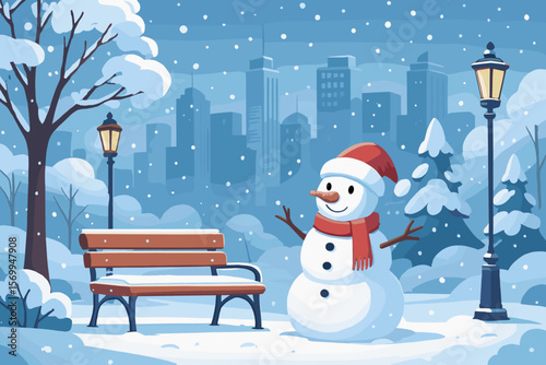 Winter city park landscape with cute snowman in Santa hat. Snowy Christmas holiday scene with bench, lantern, and trees against an urban cityscape. Vector illustration.