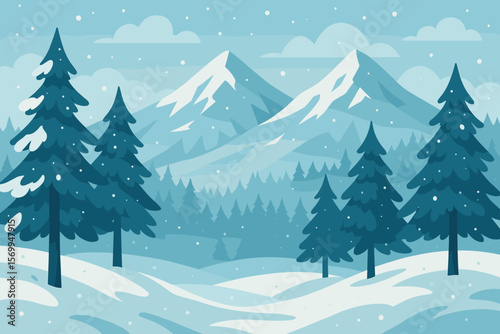 Winter landscape with snowy mountains and pine forest. Flat cartoon vector illustration of a scenic nature background for Christmas or New Year. Peaceful wintertime scene.