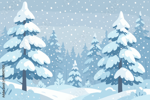 Winter forest landscape in snowy weather. Beautiful pine trees covered with snow during a heavy snowfall. Modern flat vector cartoon illustration for seasonal background.