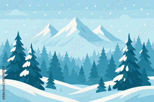 Winter landscape with snowy mountains and pine forest. Christmas holiday nature scene background. Modern flat vector cartoon illustration for seasonal design and new year.